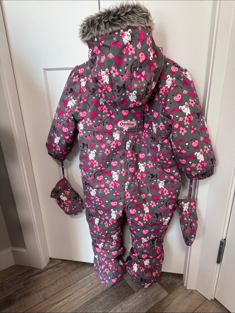 OshKosh B'gosh Gray and Pink Floral Heart Print Snowsuit One-Piece - Picture 2 of 2